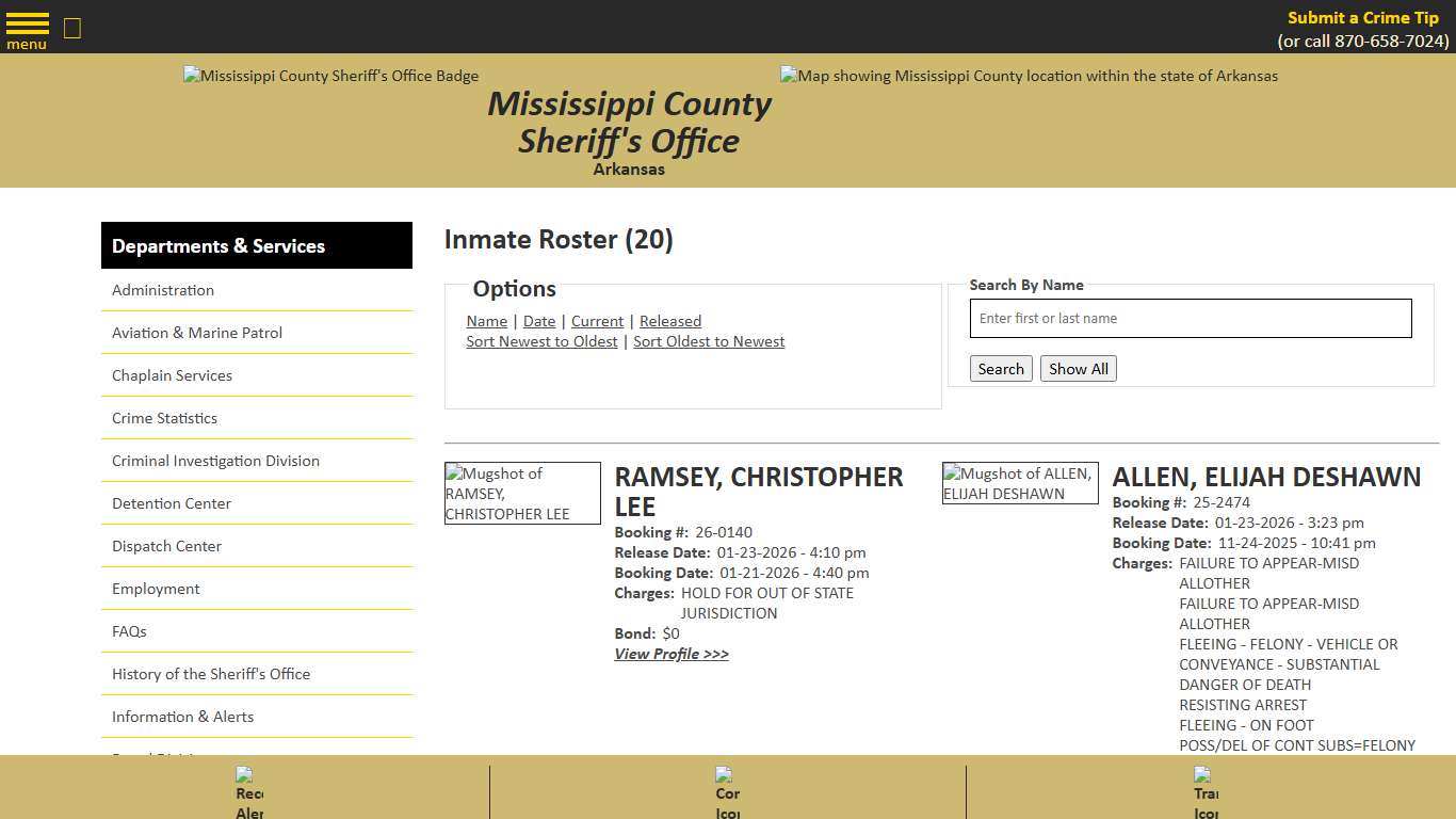 Inmate Roster - Released Inmates Booking Date Descending - Mississippi County AR Sheriff