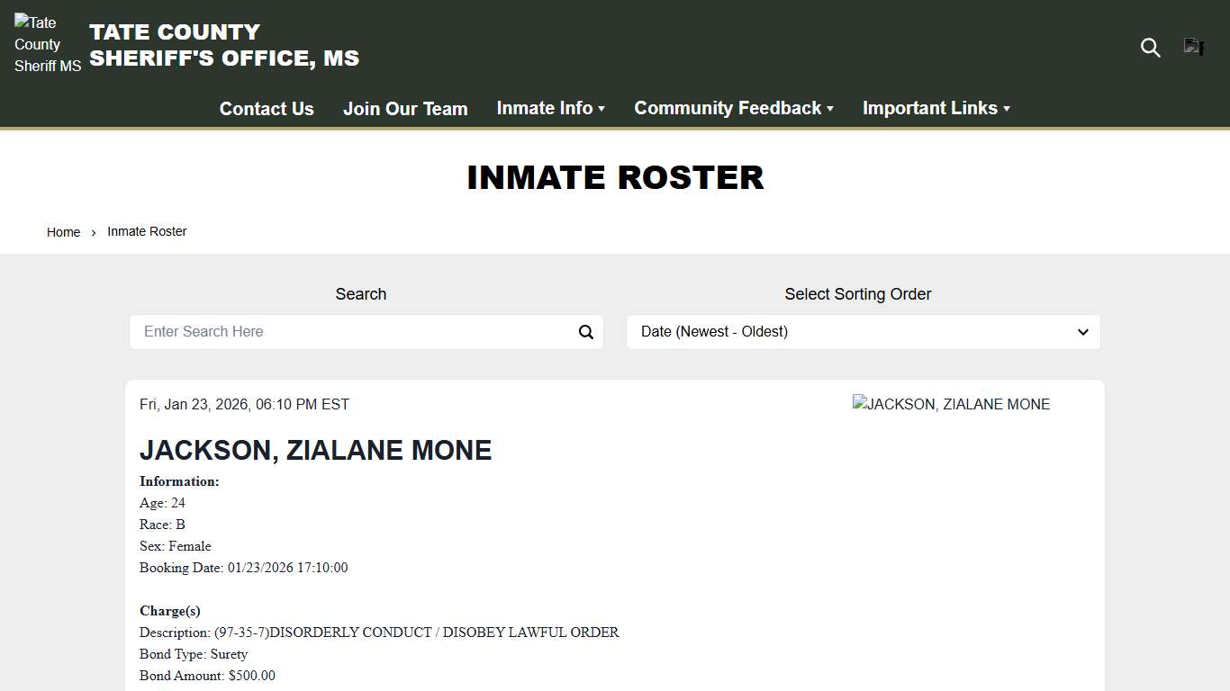 Inmate Roster Tate County Sheriff MS